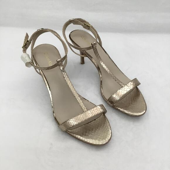 CALVIN KLEIN Lola T Strap Open Heels Gold Metallic Snake Shiny Sz 7.5 - Picture 2 of 9